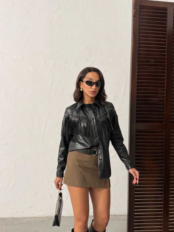 F 2043 DROPLU PÜSKÜLLÜ SUNİ DERİ GÖMLEK - SİYAH